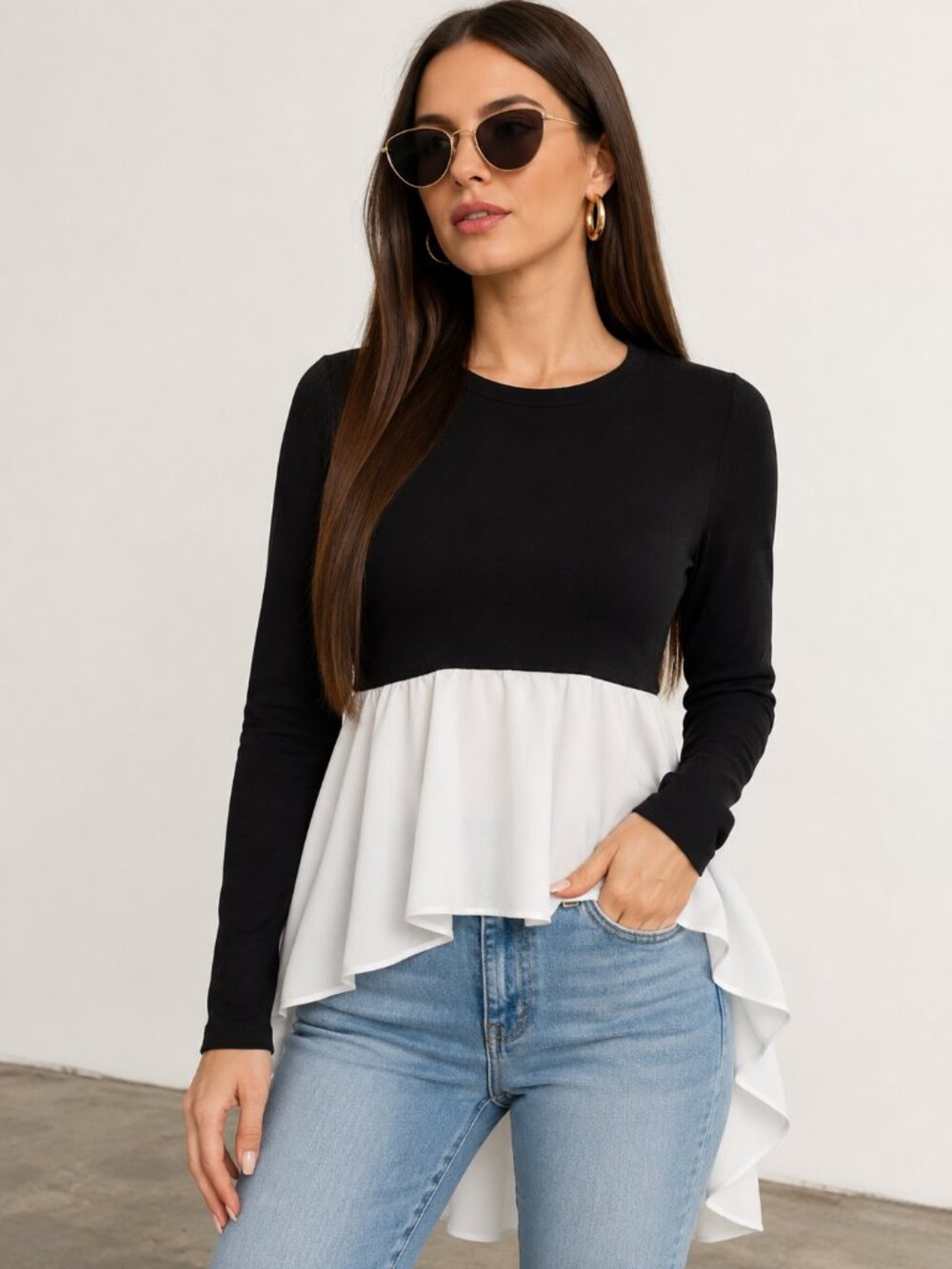 Black White Feminine Twofer Belted Tunic Top NWT